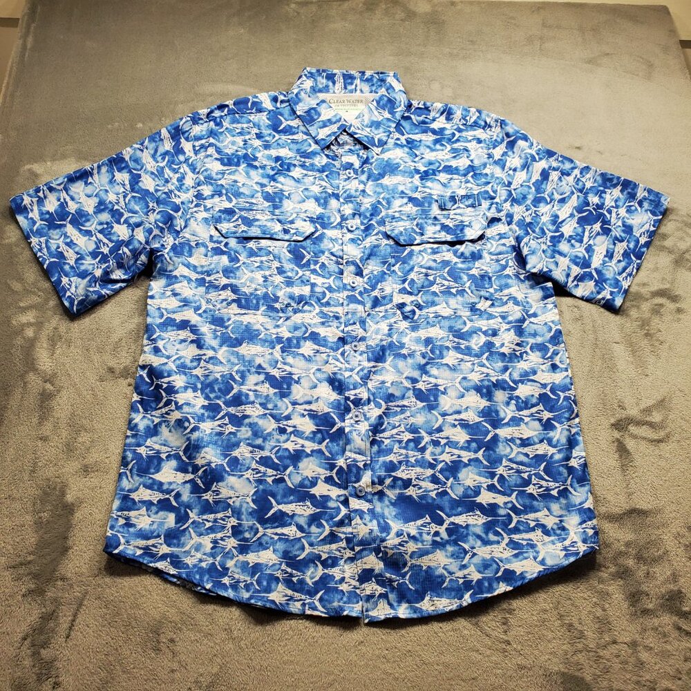 Clear Water Outfitters Quick Dry Shirt Small Marlin Fish Graphic Blue White Mn L